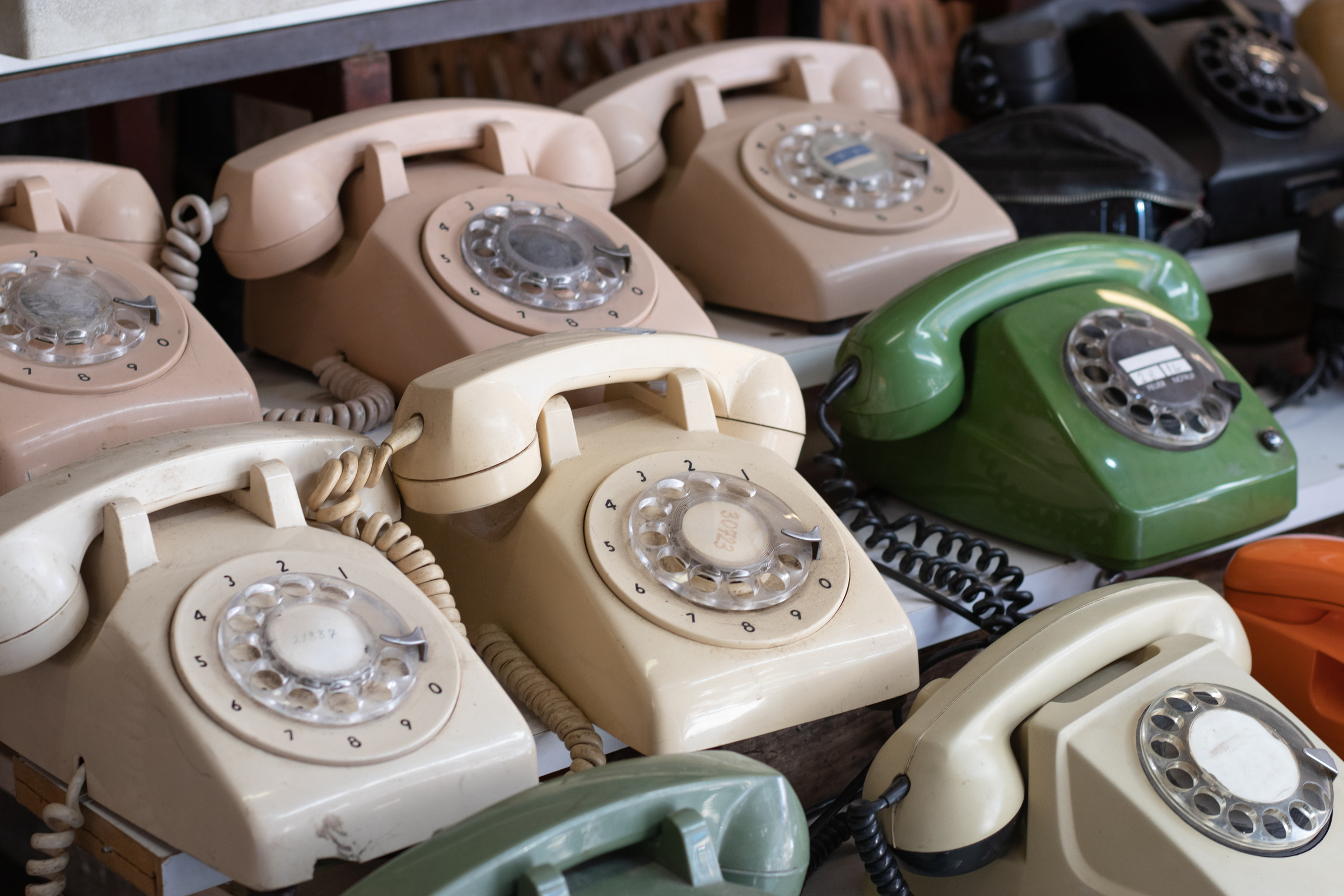 Landline rotary phones. Vintage technology concept. Photography of the several retro phones.